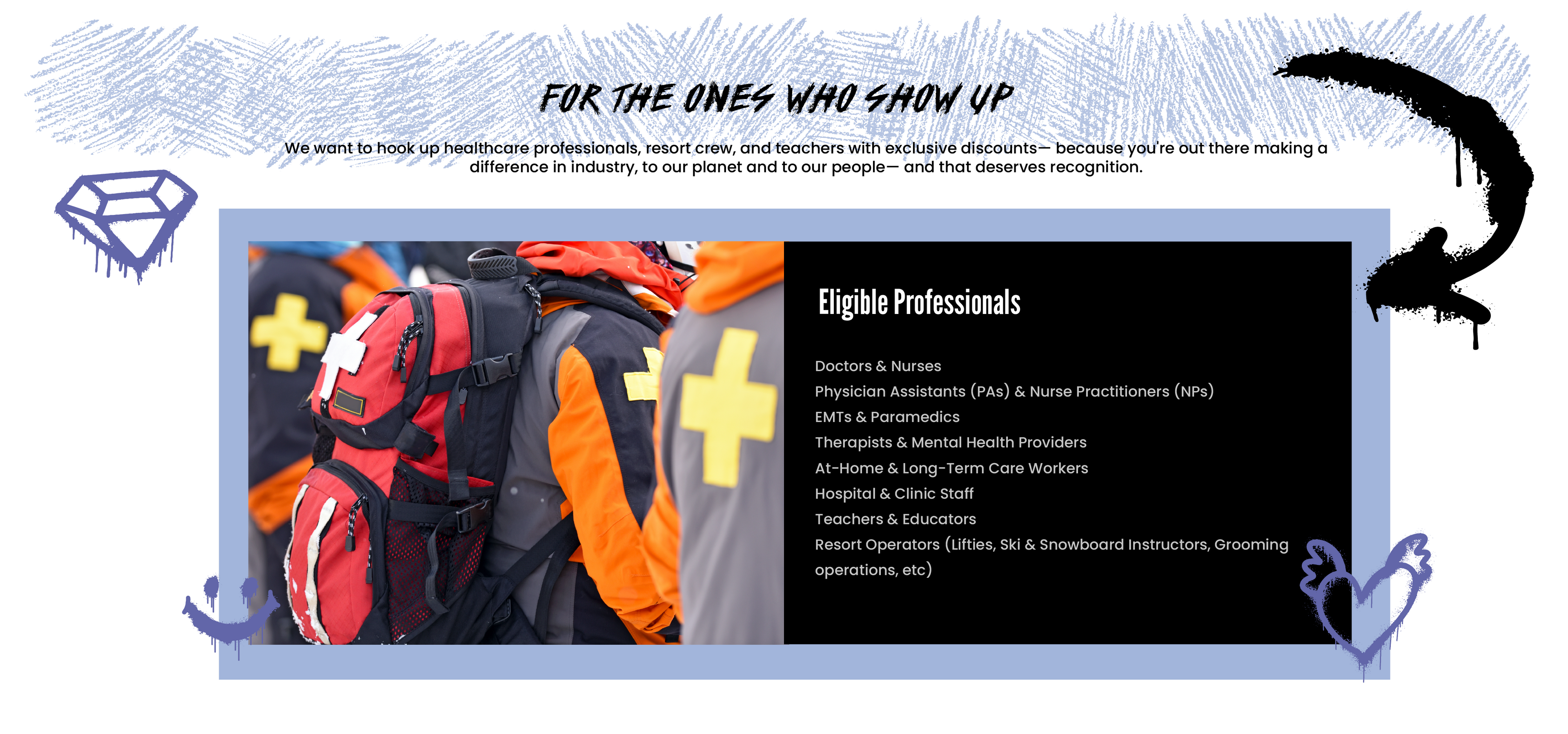 Promotional graphic for healthcare professionals, health care workers, and teachers with backpacks and jackets.